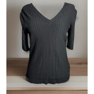 Tahari Women Sz M Black V Neck Sweater Office Preppy Mature Classic Stretchy